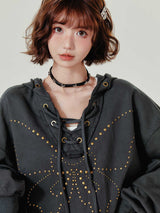 Retro Hooded Sweater Women's Rivet Lace-up V-neck Loose Top