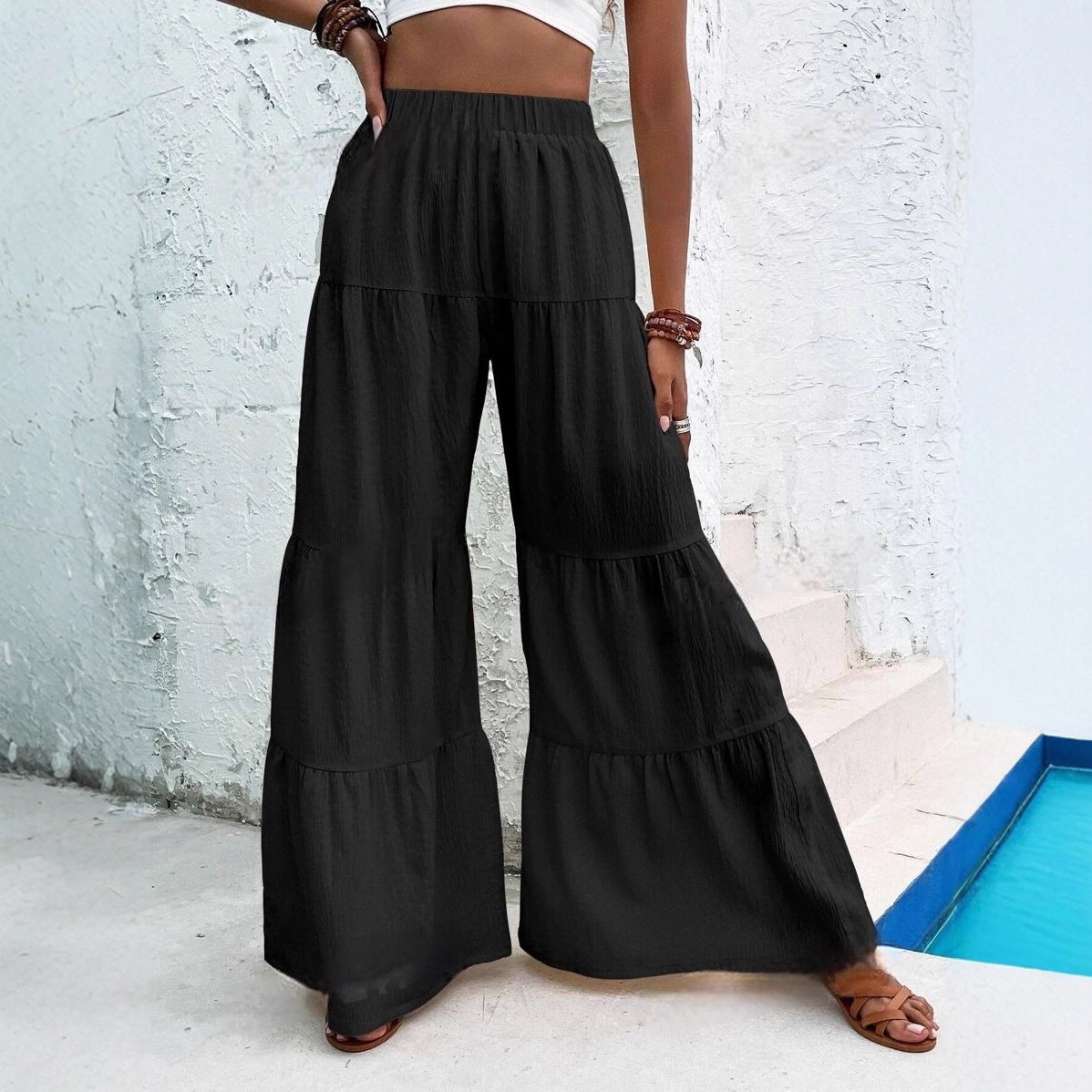 Pleated Elastic Waist Pants Female Wide-leg Casual Pants