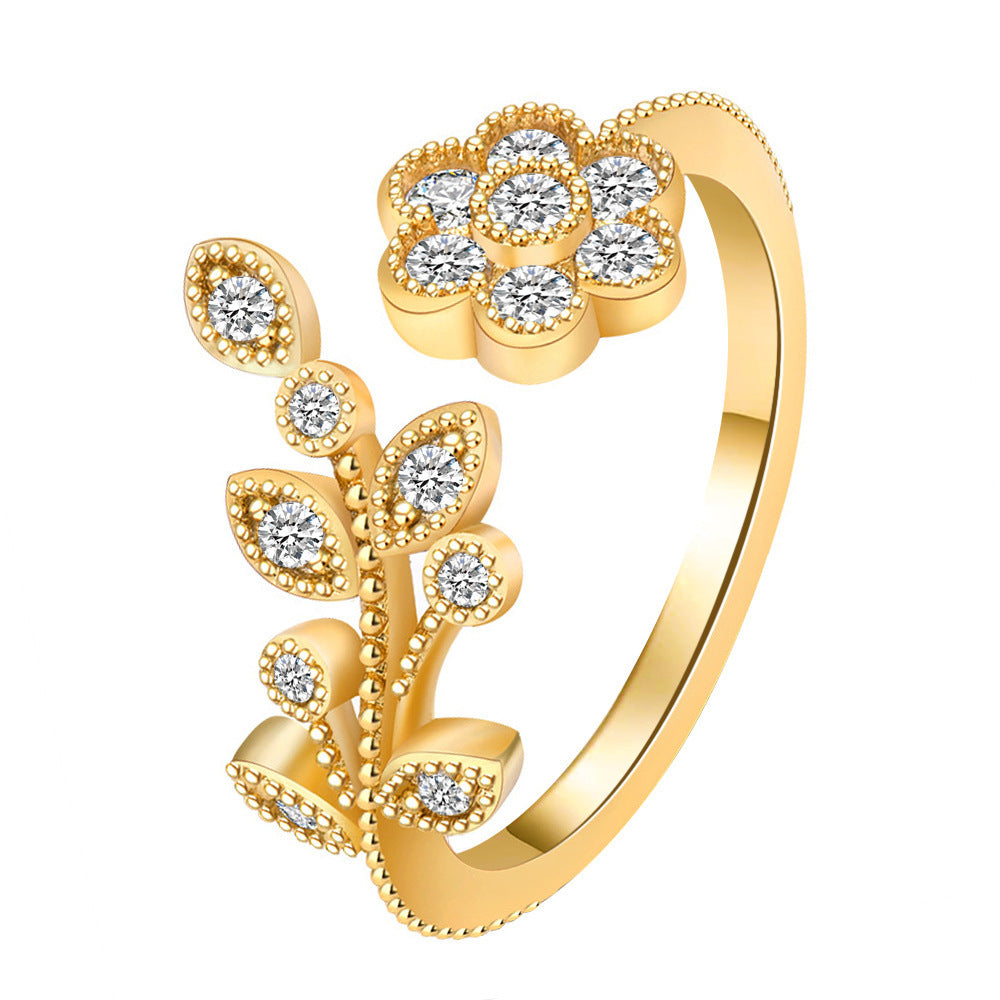 Full Diamond Flower Leaves Female Niche Open Ring