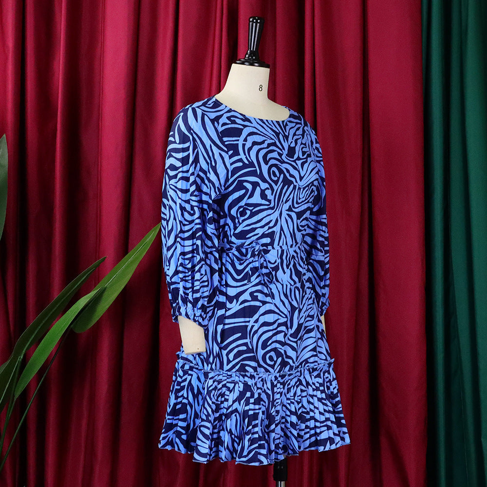 Fashion Print Loose Casual Pleated Tie Up African Large Dress