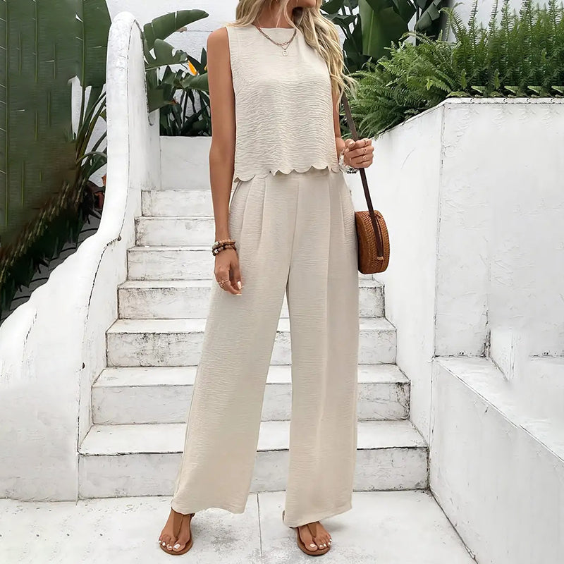 Women's Elegant 2-Piece Matching Set, Sleeveless Crop Top And Wide Leg Pants Outfits