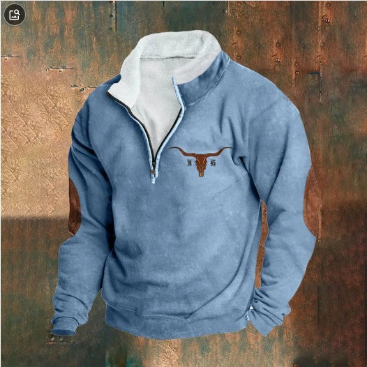 Retro Patchwork Half Cardigan Men's Long-sleeved Sweater