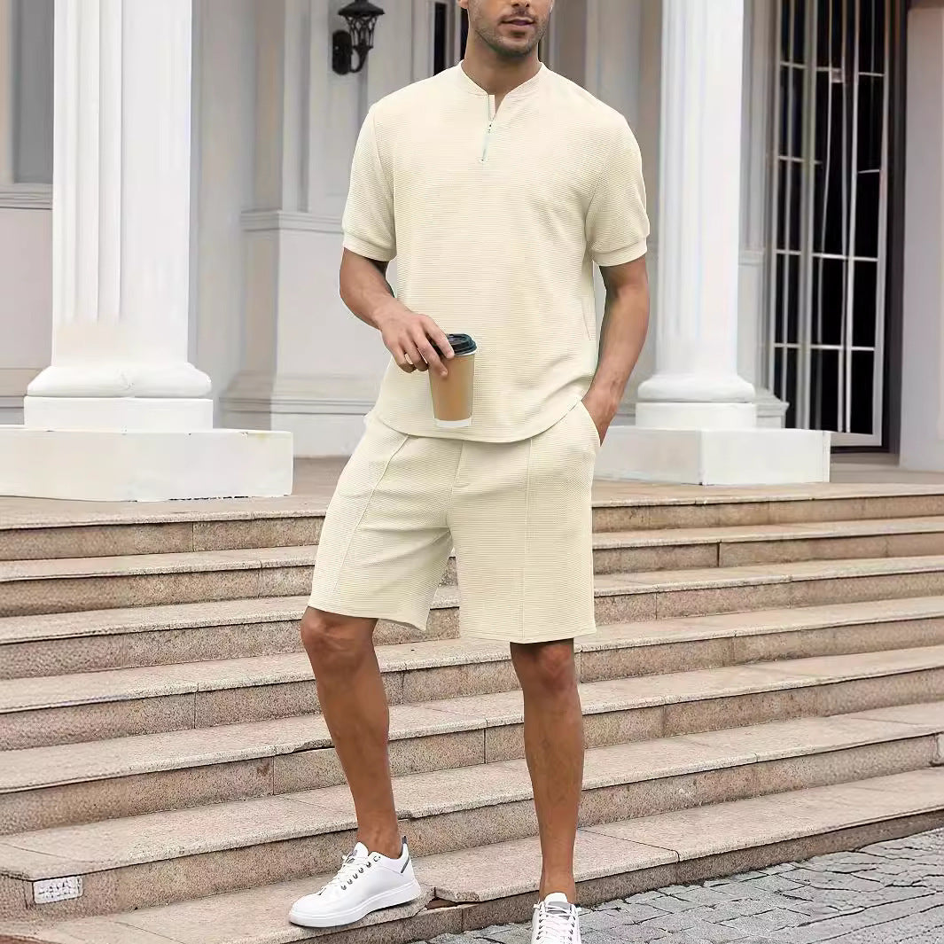 Waffle Stand Collar Solid Color Zipper Short Sleeve Trousers Suit Men