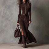 Slim Zipper Dress Elegant Temperament Split Long-sleeved Dresses Cowboy Fashion Retro Women's Clothing
