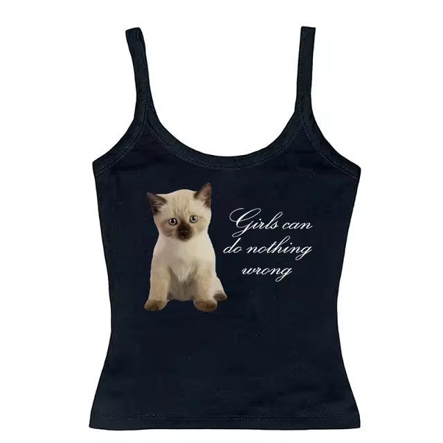 Cute Cat Letter Print Vest Sling Girl Slim Fit