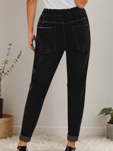 New Women’s Casual Set Wearing Distressed Stretch Jeans, Elastic Waisted Jeans, Denim Jogging Pants