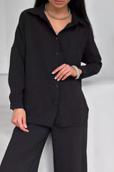 Women's Solid Color Cardigan Pocket Casual Wide-leg Trousers Suit