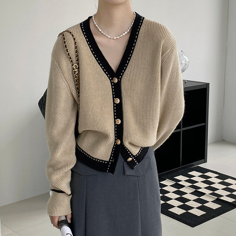 Korean Style Gentle And Comfortable Loose Large V-neck Slimming Bedford Cord Sweater