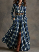 Ins Plaid Print Long-Sleeved Dress Fashion Pockets Collared Buttons Shirt Long Dresses Retro Women's Clothing