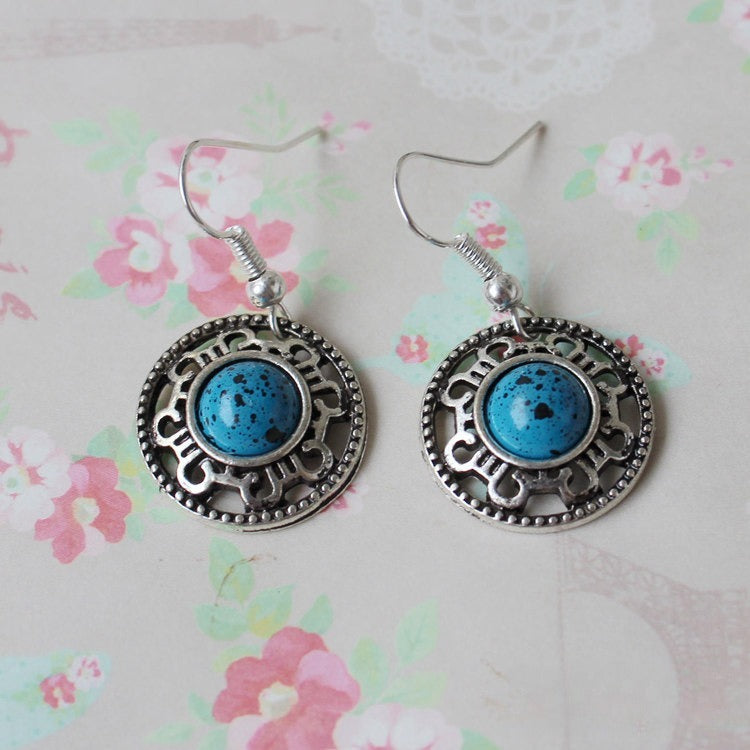 Ethnic Style Design Miao Silver Retro Turquoise Flower Disk Earrings