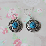 Ethnic Style Design Miao Silver Retro Turquoise Flower Disk Earrings