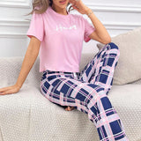 Short Sleeve Plaid Cropped Pants Casual
