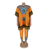 African Plus Size Women's Printed Round Neck Pullover Sweater Stretch Pants Suit
