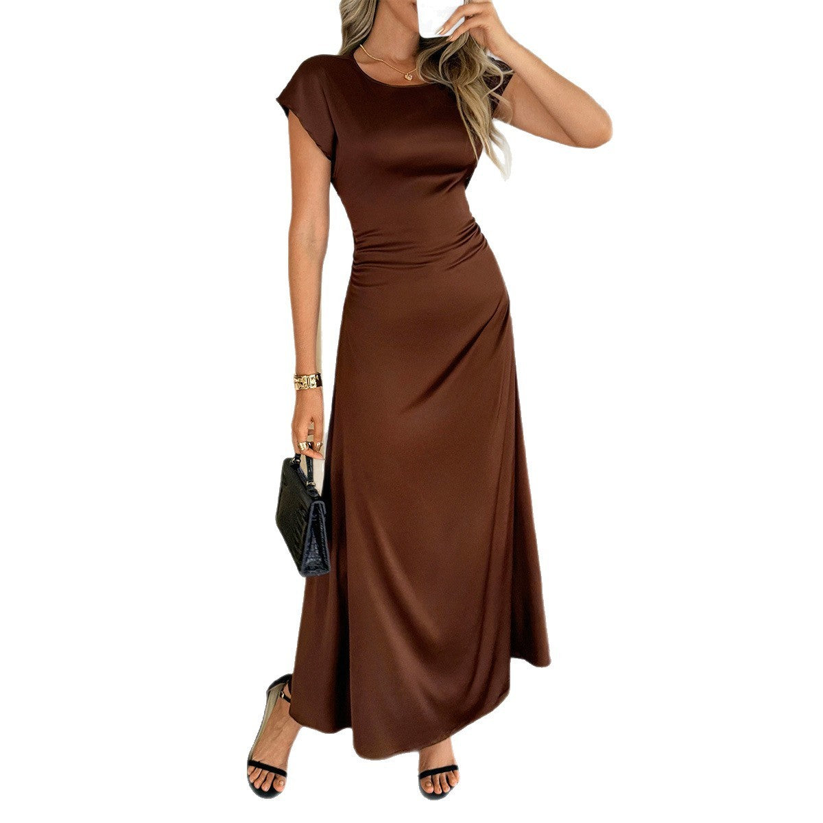 Elegant Short Sleeve Solid Color Dress Women's Clothing