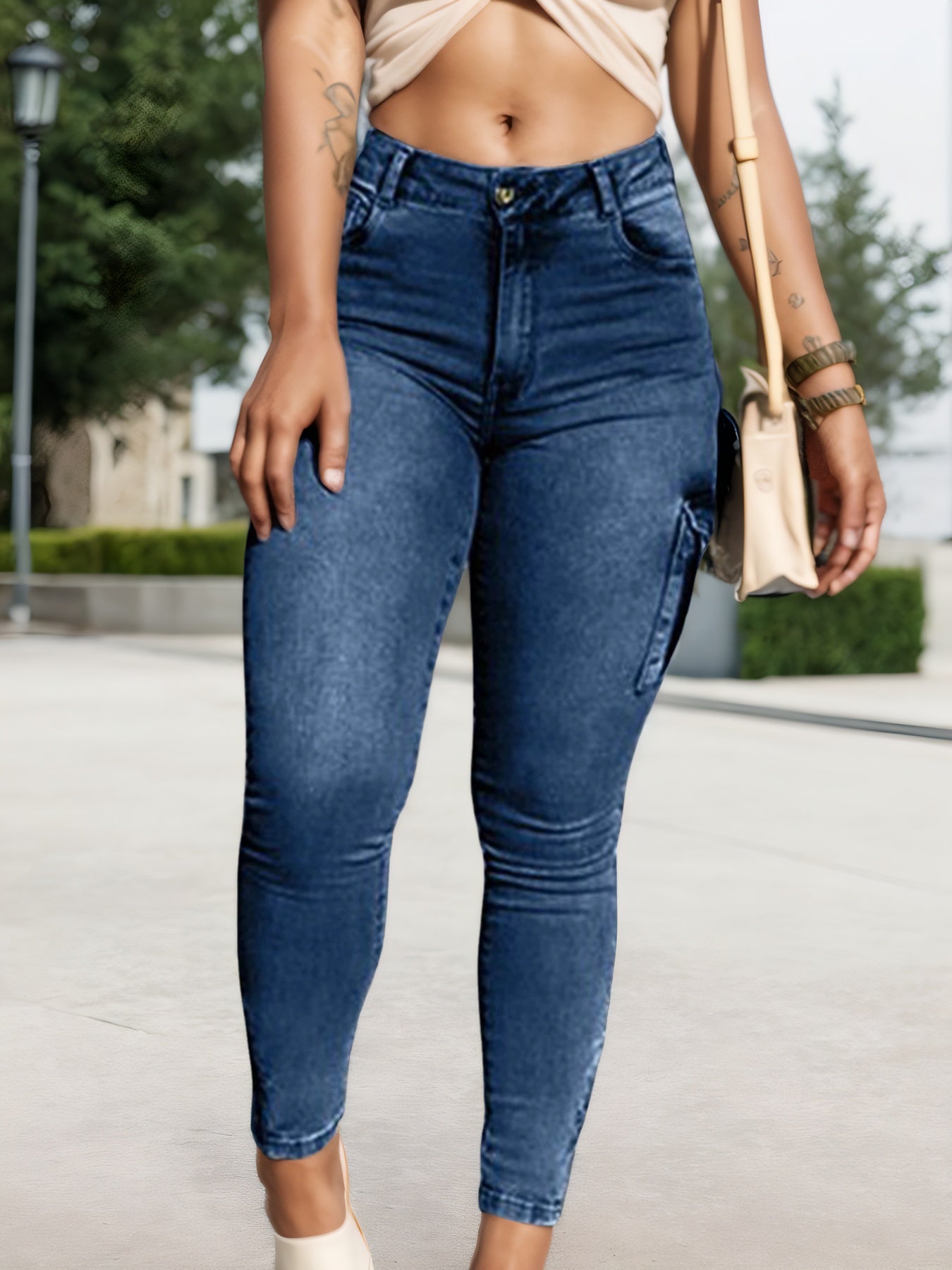 Multi-pocket High-stretch Mid-rise Zipper-hem Skinny Pencil Pants, Urban Style Women's Jeans And Clothing Cargo Jeans Amazon Don't Sell