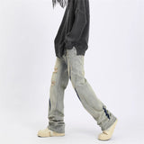 Contrast Color Spray Printing Ripped Jeans Men Loose Straight Trousers