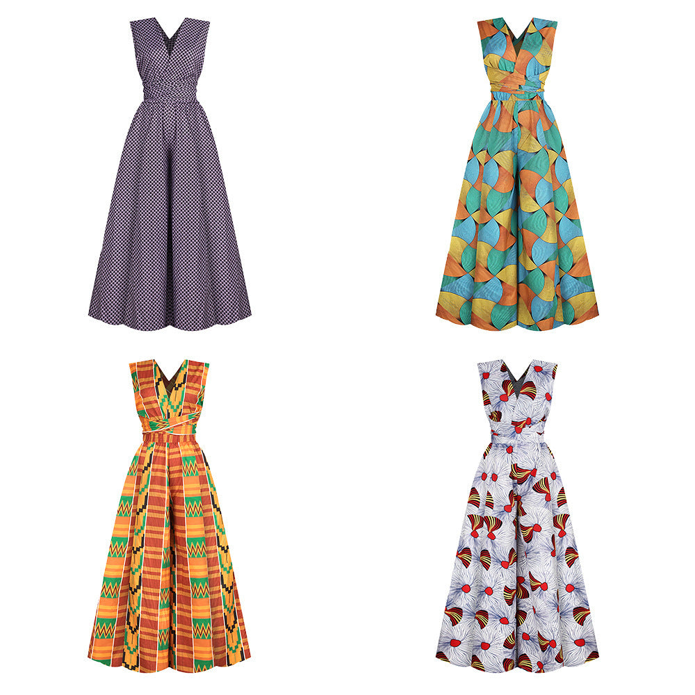 Explosive Windmill Digital Printing African Style DIY Strappy Jumpsuit