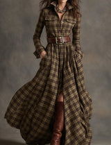 Ins Plaid Print Long-Sleeved Dress Fashion Pockets Collared Buttons Shirt Long Dresses Retro Women's Clothing