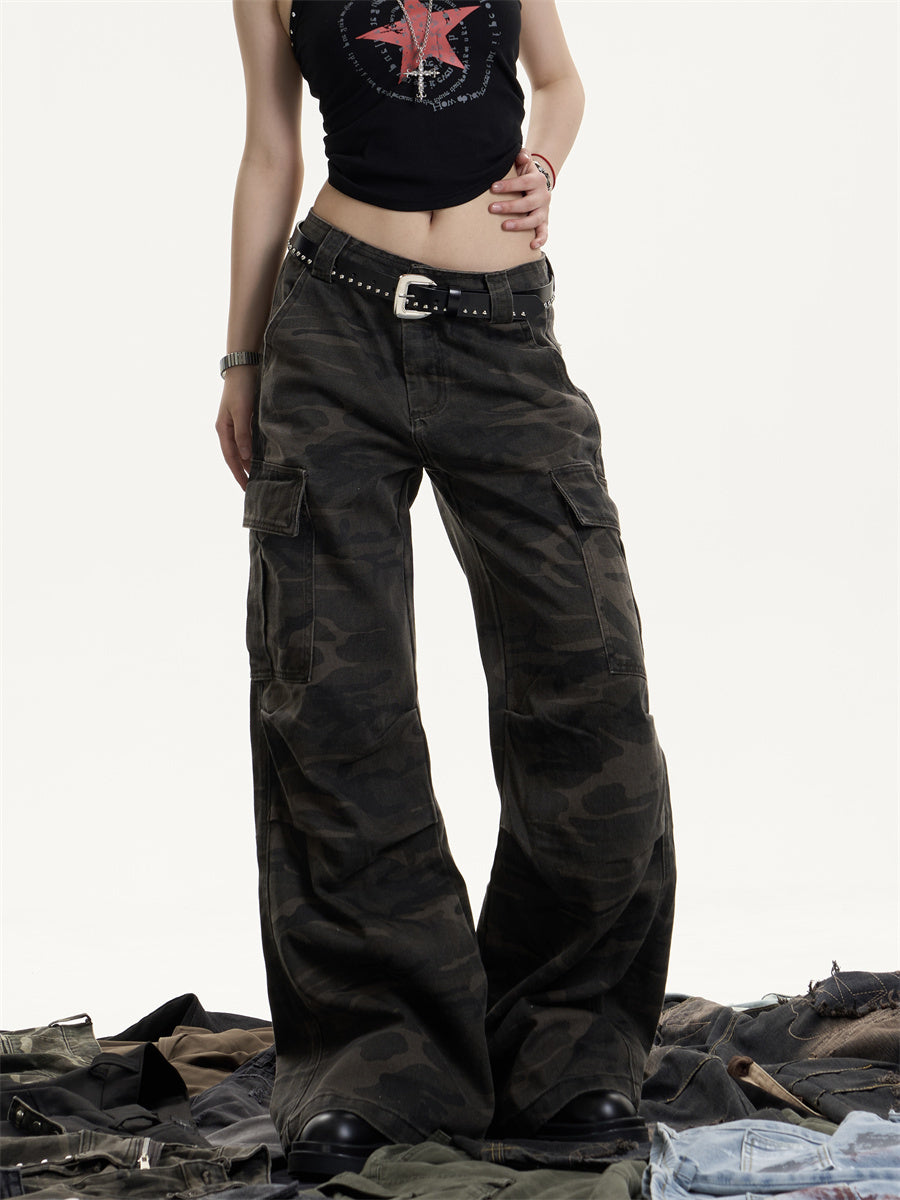 American Retro Camouflage Workwear Women's Loose Straight Wide Leg Casual Pants