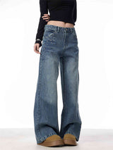 Women's Rivet High Waist Wide Leg Jeans Baggy Straight Trousers