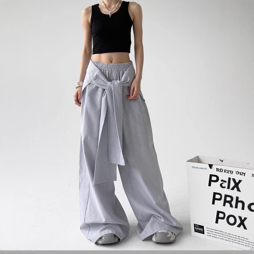 Lace-up Loose Straight Striped Wide-leg Pants Design Sense