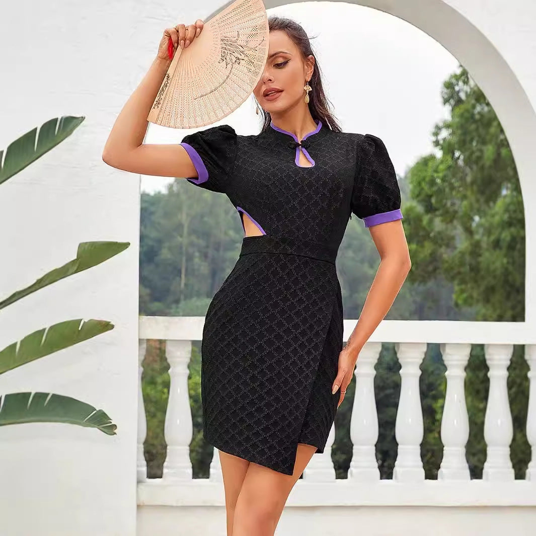 High-end Temperament Color Matching Hollow Out Dress