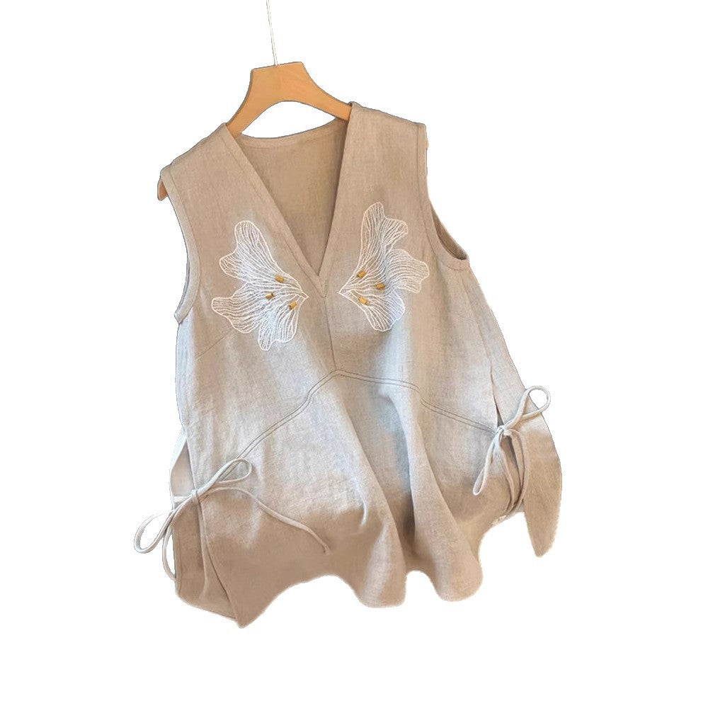 Laqian Style Embroidered V-neck Linen Vest Women's Summer High-end Versatile Loose Slimming Sleeveless Top