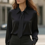 Women's Solid Color Long Sleeve Classic Shirt - Machine Washable Versatile Top For Casual & Office Wear
