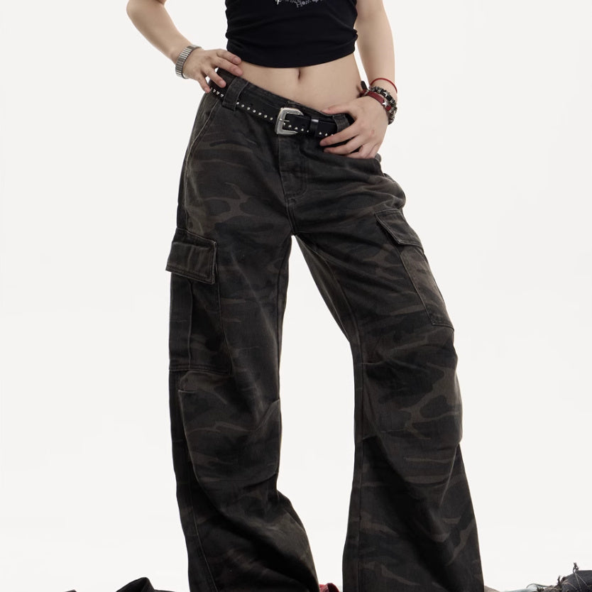 American Retro Camouflage Workwear Women's Loose Straight Wide Leg Casual Pants