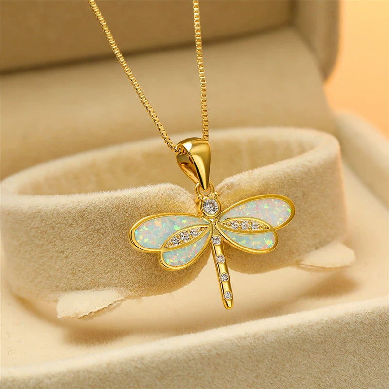 Cold Style Gold Dragonfly Opal Necklace
