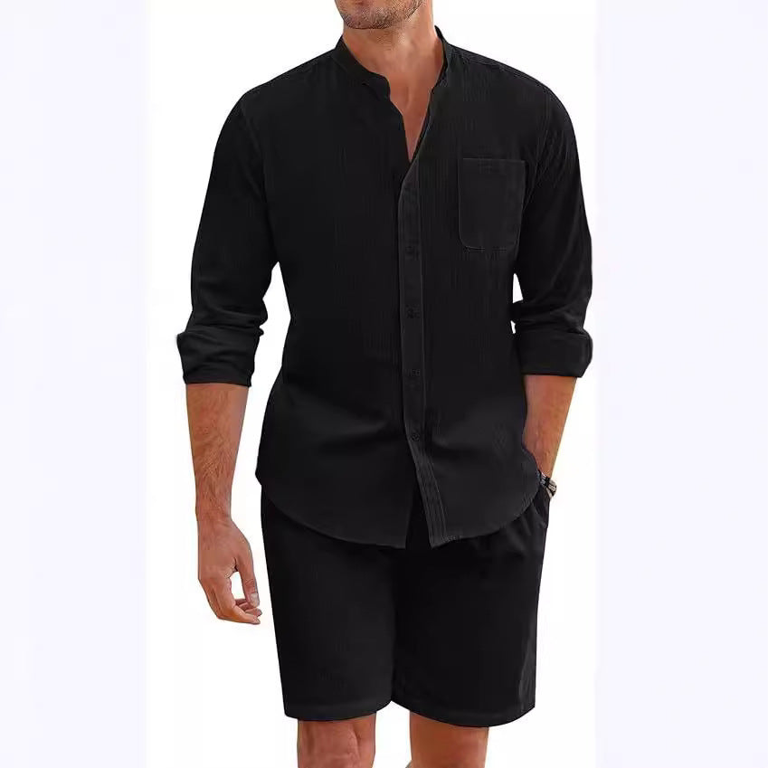 Men's Cotton Linen Comfortable Long Sleeve Shirt Shorts Suit