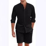 Men's Cotton Linen Comfortable Long Sleeve Shirt Shorts Suit