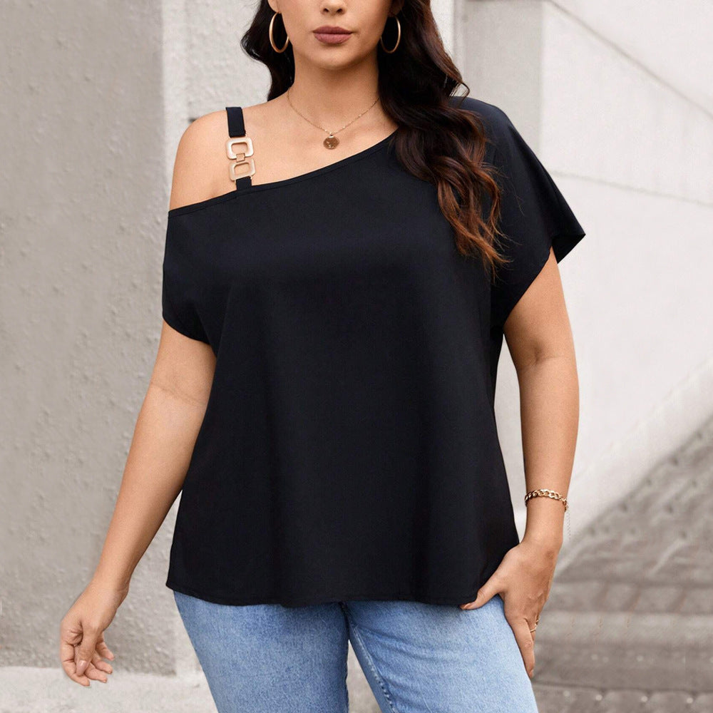 Temperament Single Shoulder Button T-shirt Solid Color Slimming Top