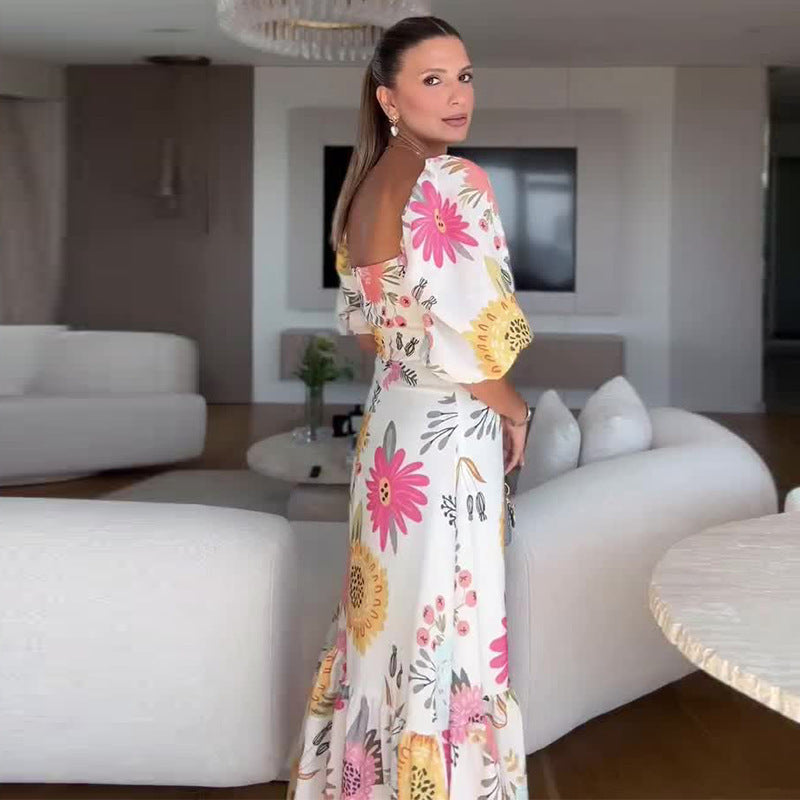 Square Collar Puff Sleeve Waist Trimming Printing Stitching Dress