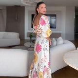 Square Collar Puff Sleeve Waist Trimming Printing Stitching Dress