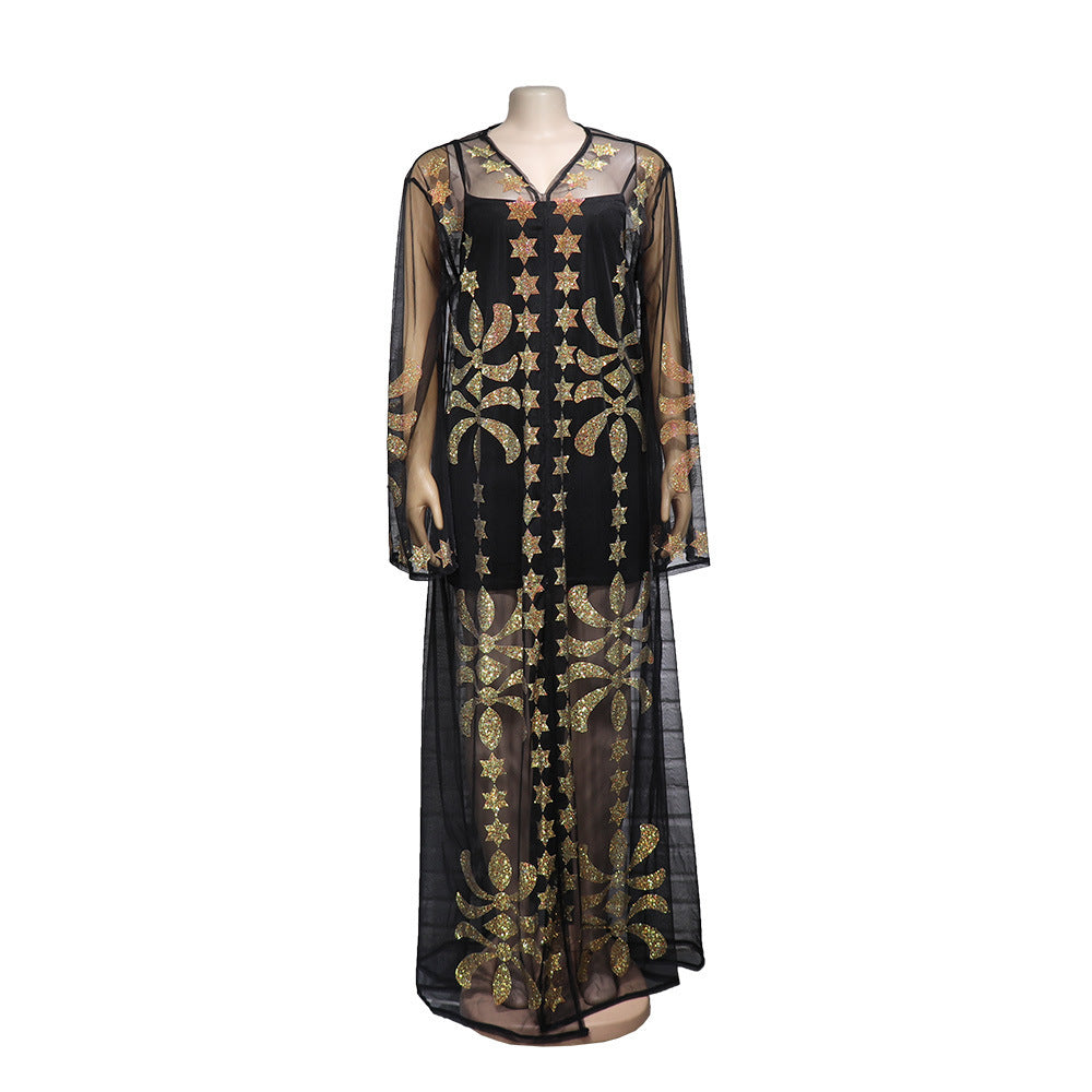 African Ethnic Style Robe Fashion Mesh Hot Drill Suspender Dress