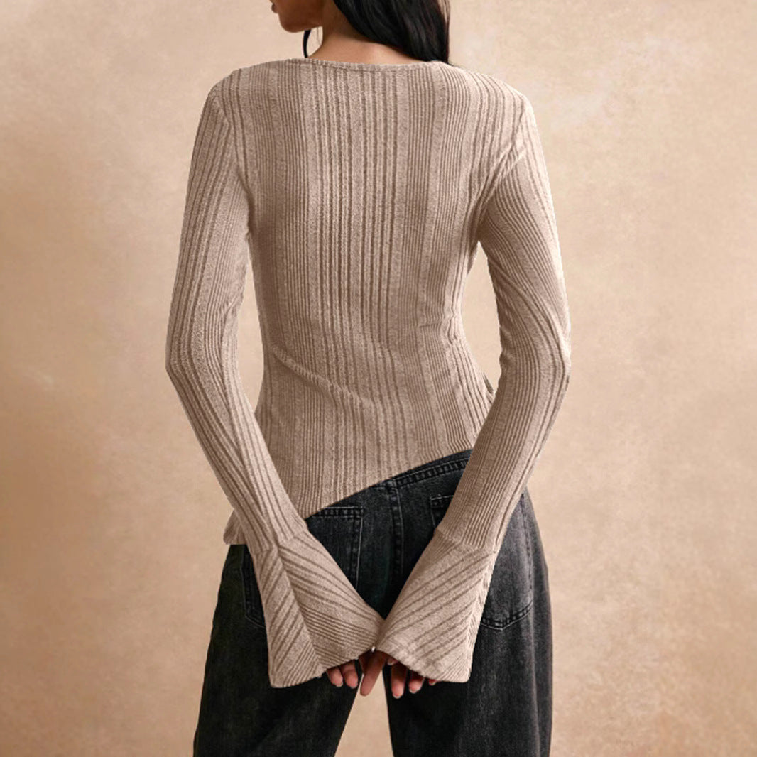 Casual Stitching Long Sleeve Button T-shirt