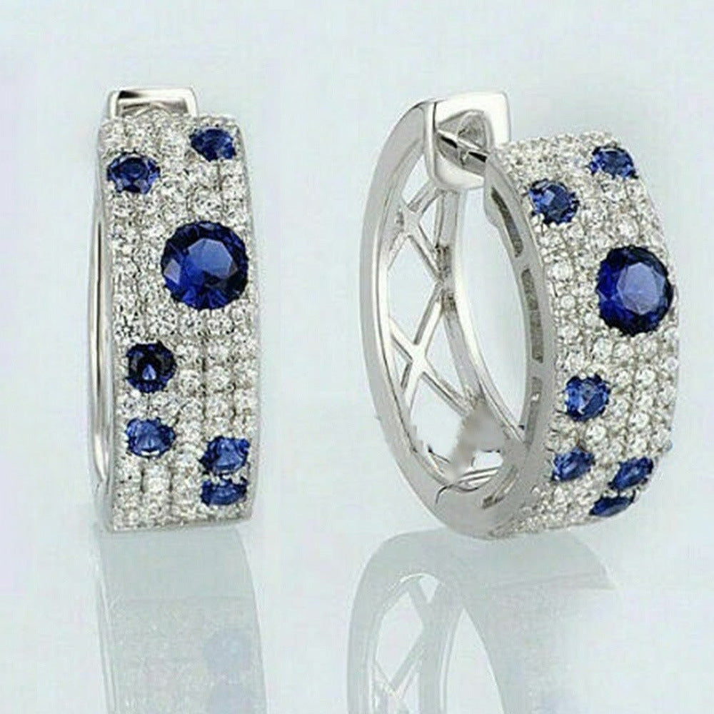 Korean Style Blue White Earrings Round Micro Inlaid Zircon Exquisite Ear Clip