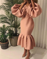 Women's Fashion Solid Color And V-neck Bubble Long Sleeve Fishtail Skirt