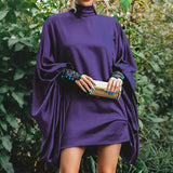 Plus Size Women's Solid Color High Neck Lantern Sleeve Dress - Elegant Evening Gown For Spring&Summer
