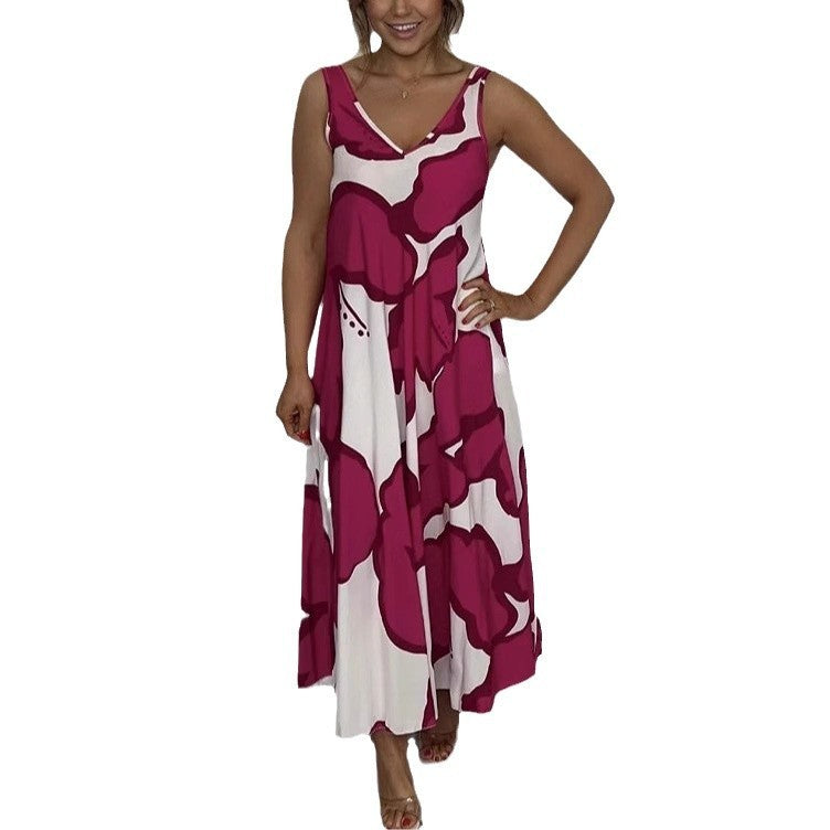 Casual Loose-fitting Women's V-neck Print Dress