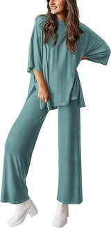 Casual Short-sleeved Pullover Top Wide-leg Pants Casual Suit