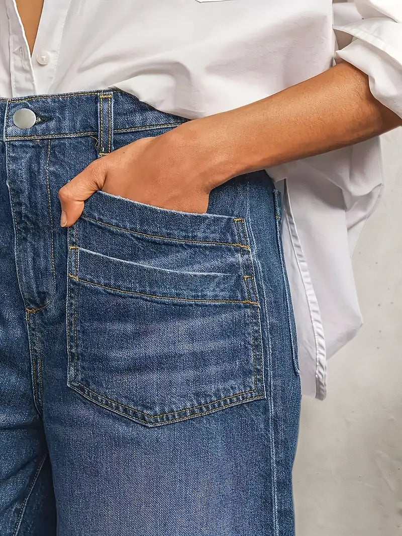 New Women’s Straight Leg Wide Leg Jeans, Slim Fit, Built-in Zipper, Designed Pocket, Suitable For Students, Work, And All Season Wear