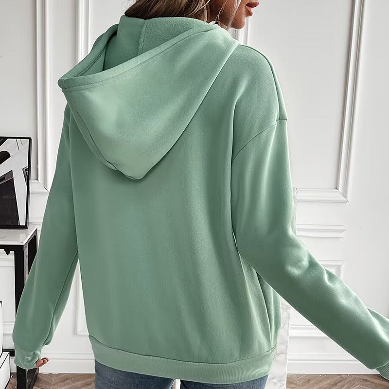Solid Color Hooded Drawstring Front Pocket Long Sleeve Sweater