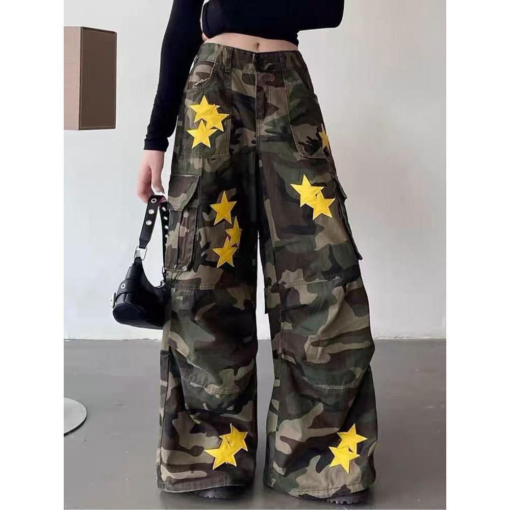 American Retro Workwear Women's Loose Straight Wide Leg XINGX Camouflage Jeans