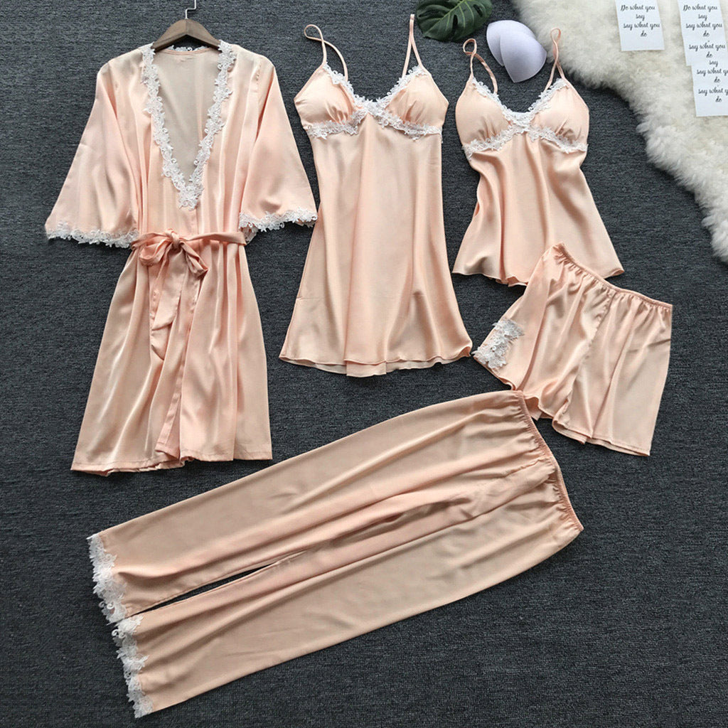 KF Wild Lady Sexy Lace Splicing Sling Pajamas Five-piece Set Multi-color Series Foreign Trade Sexy Sleepwear Suit