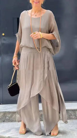 Loose Comfortable Top Split Wide Leg Pants Chiffon Casual Suit