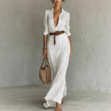 Irregular Long Dress With Belt Fashion And Elegant Button Lapel Long-sleeved Shirt Dresses Daily Office Commuting Clothing For Women