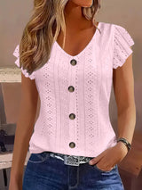 Solid Color Jacquard V-neck Buttons Long Sleeve T-shirt