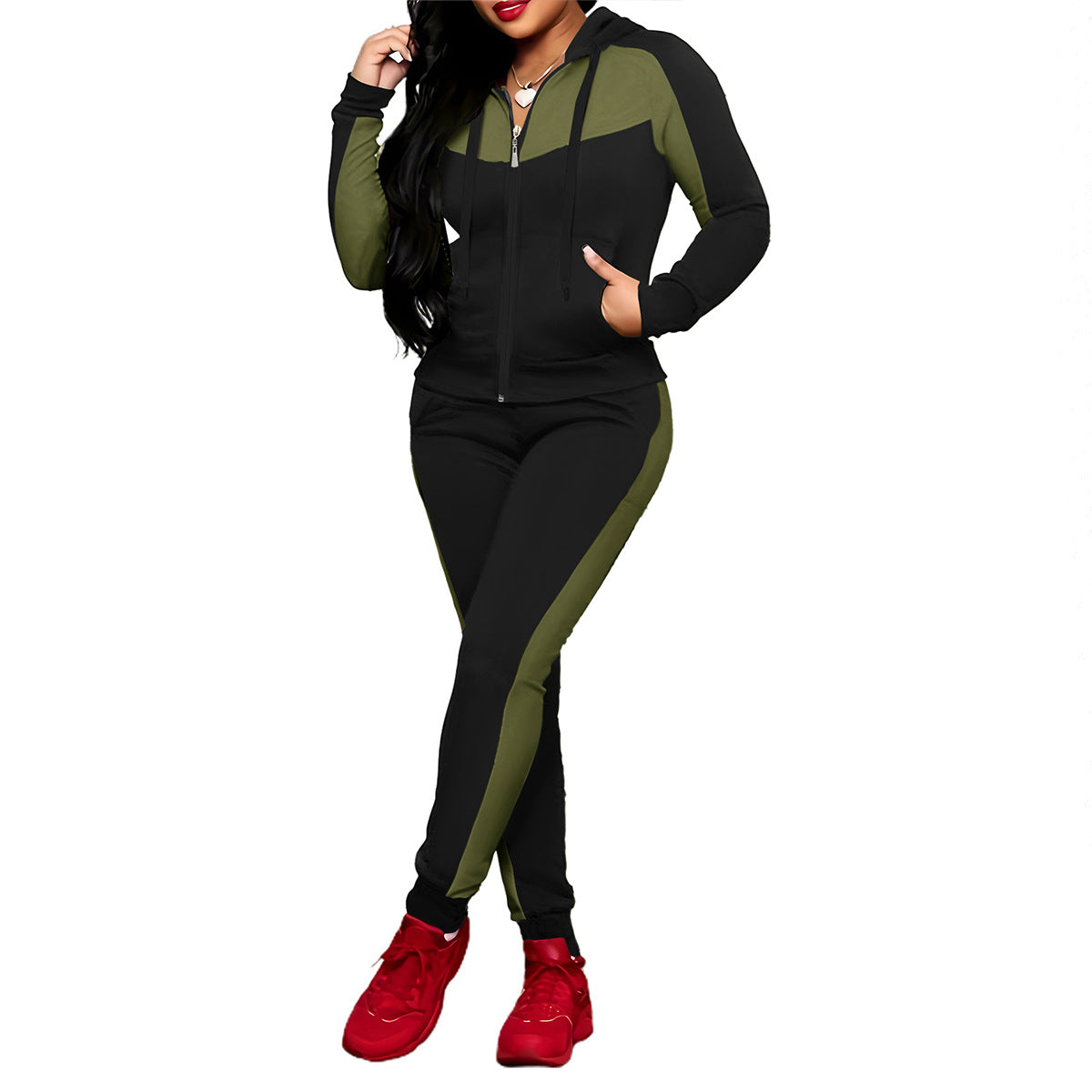 Women's Color Matching Zipper Hooded Sweater Set